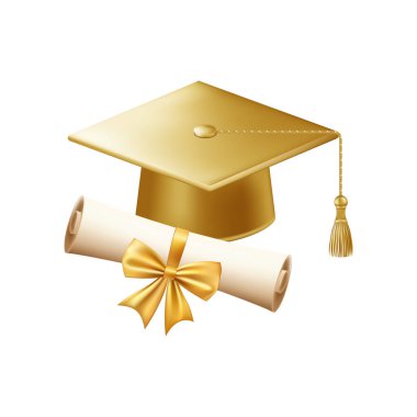 Mezuniyet şapkalı 3D diploma. Altın havan tahtalı klasik rulo kağıt. Üniversite, üniversite ya da okul mezuniyet sertifikası. Vektör çizimi. EPS 10.