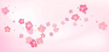 Yumuşak bahar pembe çiçek akışı. Kadın parfümünün narin kokusu. Kiraz çiçeklerinin aroması. Çiçekli hava girdabı. Sihirli bahar tozu yaprakları sıçrar. Hediye için arka plan, kart, paket. Vektör illüstrasyonu.