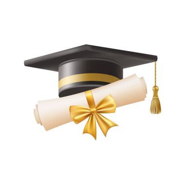 Mezuniyet şapkalı 3D diploma. Siyah havan tahtalı klasik rulo kağıt. Üniversite, üniversite ya da okul mezuniyet sertifikası. Vektör çizimi. EPS 10.