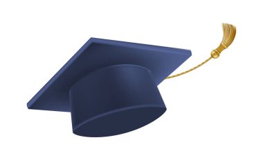 Kutlamadan mezun oluyor. Uçan mavi şapkalı, altın püsküllü. Farklı açılardan 3d kare akademik kapaklar. Vektör illüstrasyonu beyaz arkaplanda izole edildi.