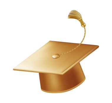 Kutlamadan mezun oluyor. Püsküllü altın mezuniyet şapkaları. Farklı açılardan 3d kare akademik kapaklar. Vektör illüstrasyonu beyaz arkaplanda izole edildi.