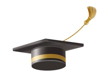 Kutlamadan mezun oluyor. Altın püsküllü uçan siyah mezuniyet şapkası. Farklı açılardan 3d kare akademik kapaklar. Vektör illüstrasyonu beyaz arkaplanda izole edildi.