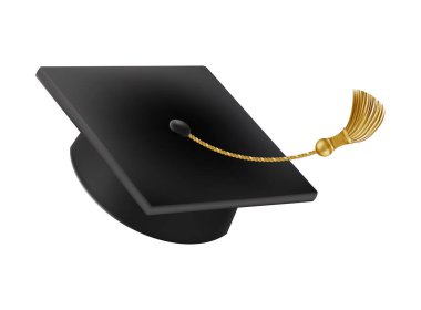 Kutlamadan mezun oluyor. Altın püsküllü uçan siyah mezuniyet şapkası. Farklı açılardan 3d kare akademik kapaklar. Vektör illüstrasyonu beyaz arkaplanda izole edildi.
