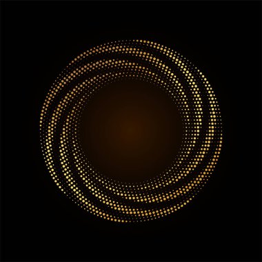 Altın yarı yuvarlak çerçeve. Altın lüks yarım tonlu daire logosu. Nokta amblemi. Noktalı doku kenarı. Konfeti patlaması. Vektör illüstrasyonu EPS10.