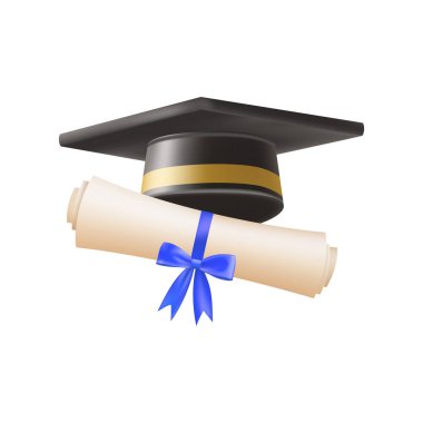 Mezuniyet şapkalı 3D diploma. Siyah havan tahtalı klasik rulo kağıt. Üniversite, üniversite ya da okul mezuniyet sertifikası. Vektör çizimi. EPS 10.