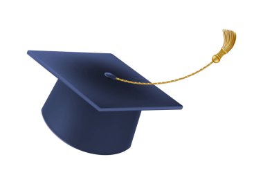 Kutlamadan mezun oluyor. Uçan mavi şapkalı, altın püsküllü. Farklı açılardan 3d kare akademik kapaklar. Vektör illüstrasyonu beyaz arkaplanda izole edildi.