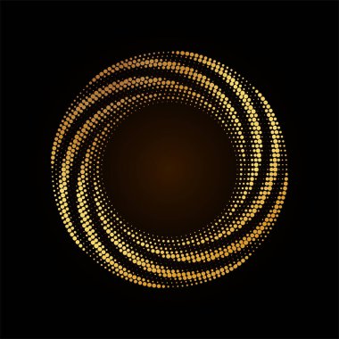 Altın yarı yuvarlak çerçeve. Altın lüks yarım tonlu daire logosu. Nokta amblemi. Noktalı doku kenarı. Konfeti patlaması. Vektör illüstrasyonu EPS10.