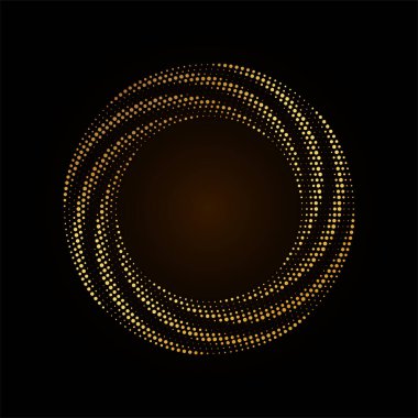 Altın yarı yuvarlak çerçeve. Altın lüks yarım tonlu daire logosu. Nokta amblemi. Noktalı doku kenarı. Konfeti patlaması. Vektör illüstrasyonu EPS10.