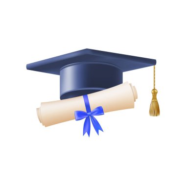 Mezuniyet şapkalı 3D diploma. Mavi havan tahtalı klasik rulo kağıt. Üniversite, üniversite ya da okul mezuniyet sertifikası. Vektör çizimi. EPS 10.