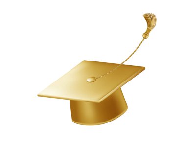 Kutlamadan mezun oluyor. Püsküllü altın mezuniyet şapkaları. Farklı açılardan 3d kare akademik kapaklar. Vektör illüstrasyonu beyaz arkaplanda izole edildi.