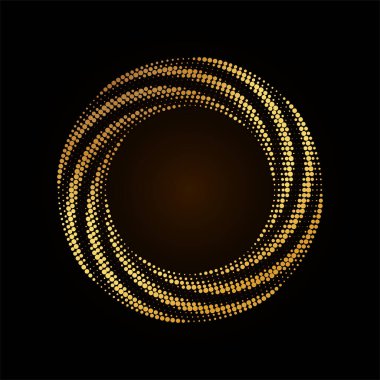 Altın yarı yuvarlak çerçeve. Altın lüks yarım tonlu daire logosu. Nokta amblemi. Noktalı doku kenarı. Konfeti patlaması. Vektör illüstrasyonu EPS10.