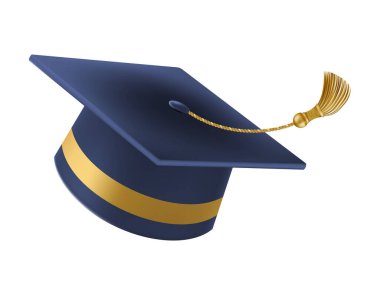 Kutlamadan mezun oluyor. Uçan mavi şapkalı, altın püsküllü. Farklı açılardan 3d kare akademik kapaklar. Vektör illüstrasyonu beyaz arkaplanda izole edildi.