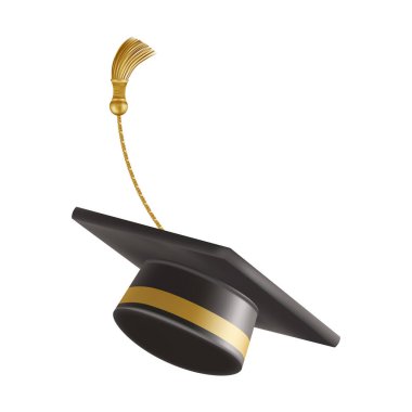 Kutlamadan mezun oluyor. Altın püsküllü uçan siyah mezuniyet şapkası. Farklı açılardan 3d kare akademik kapaklar. Vektör illüstrasyonu beyaz arkaplanda izole edildi.