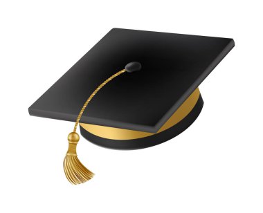 Kutlamadan mezun oluyor. Altın püsküllü uçan siyah mezuniyet şapkası. Farklı açılardan 3d kare akademik kapaklar. Vektör illüstrasyonu beyaz arkaplanda izole edildi.