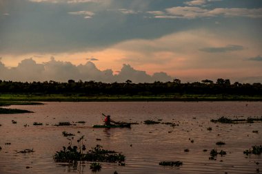 Doğada gölün üzerinde renkli bir gün doğumu. Yüksek kalite fotoğraf