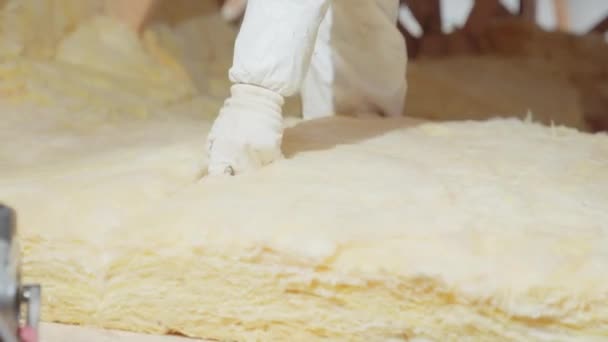 Cutting Glass Wool Insulating Ceiling Roof — Stock video