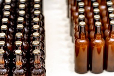 Bira fabrikasının deposunda içinde bira olan cam şişeler. Yüksek kalite fotoğraf
