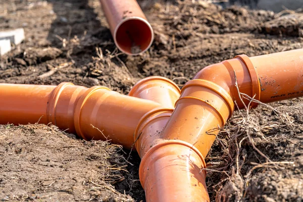 Oranje Pvc Kunststof Buizen Bouwplaats — Stockfoto