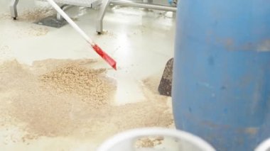 Yerleri suyla temizlemek bira fabrikasındaki arta kalan maltı. Yüksek kalite 4k görüntü