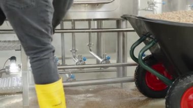 Yerleri suyla temizlemek bira fabrikasındaki arta kalan maltı. Yüksek kalite 4k görüntü