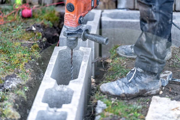 Drilling Concrete Foundations Electric Drill — Stock Photo, Image