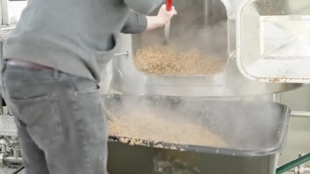 醸造所でビールを醸造した後に残った麦芽からボイラーを清掃し — ストック動画