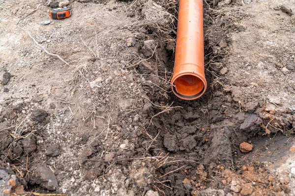 Plastic Pvc Waste Sewer Pipe Ground High Quality Photo — Stock Photo, Image