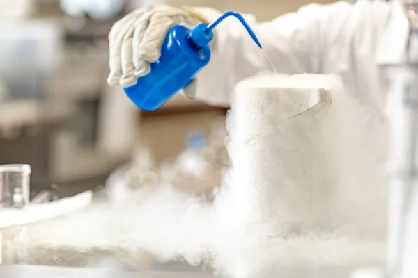 research with liquid nitrogen in a scientific laboratory. chemical reaction by mixing liquids.