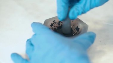 Havan topuyla bir kasede kimyasalları ezmek. Fakültenin biyokimya laboratuvarında bilim ve araştırma. 