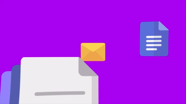 Pdfファイル ドキュメント 電子メールやフォルダのアイコンが紫色の背景で明らかに飛んで — ストック動画