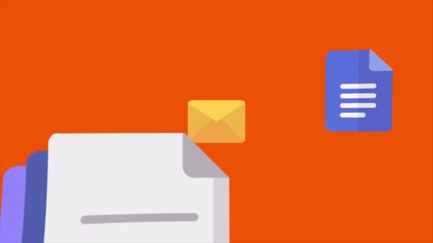 Pliki Pdf Dokumenty Mail Foldery Ikony Latające Ujawniają Pomarańczowe Tło — Wideo stockowe