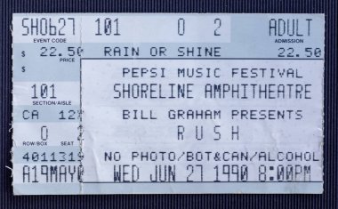 Mountain View, California - 27 Haziran 1990 - Shoreline Amfitiyatrosundaki Rush konserine kullanılmış bilet