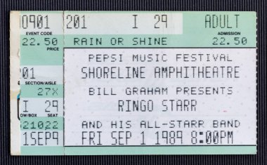Mountain View, California - 1 Eylül 1989 Shoreline Amfitiyatrosundaki Ringo Starr konserine kullanılmış bilet