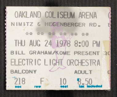 Oakland, California - 24 Ağustos 1978 Oakland Coliseum Arena 'daki ELO konseri için kullanılmış bilet koçanı