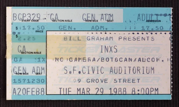 stock image San Francisco, California - March 29, 1988 - Old used ticket stub for INXS concert at S.F. Civic Auditorium
