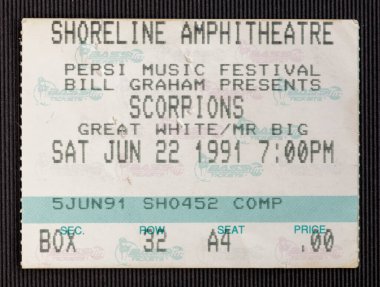 Mountain View, California - 22 Haziran 1991 - Eski Akrepler 'in Shoreline Amfitiyatrosundaki konseri için kullanılmış bilet