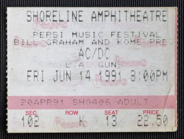 Mountain View, California - 14 Haziran 1991 - Shoreline Amfitiyatrosundaki AC-DC konserine kullanılmış bilet
