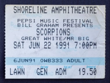 Mountain View, California - 22 Haziran 1991 - Eski Akrepler 'in Shoreline Amfitiyatrosundaki konseri için kullanılmış bilet
