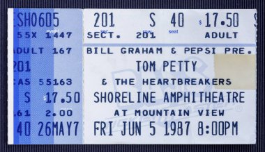 Mountain View, California - 5 Haziran 1987 Shoreline Amfitiyatrosundaki Tom Petty ve Heartbreakers konserine kullanılmış bilet