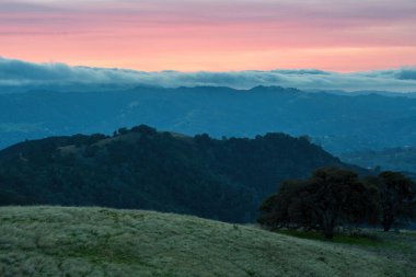 Barbekü Terası (at kampı) üzerinden çevresindeki Diablo Dağı 'nın alacakaranlık manzarası. Mount Diablo Eyalet Parkı, Contra Costa County, Kaliforniya, ABD.