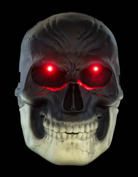 Máscara Esqueleto Escuro Iluminada Com Olhos Brilhantes Vermelhos Isolados Preto — Fotografia de Stock