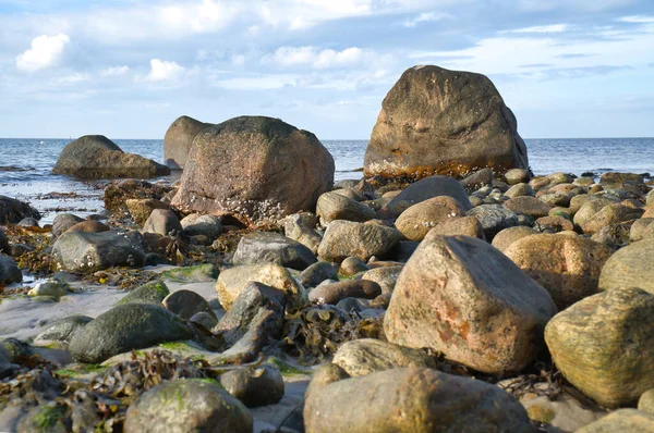 Velké Kameny Kamenné Pláži Před Mořem Mraky Obloze Dánsko Skandinávii — Stock fotografie