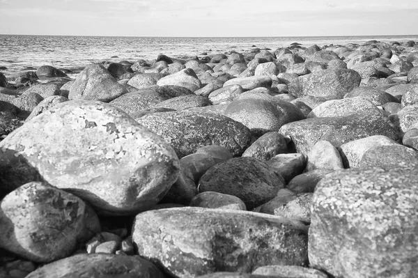 白黑相间的石滩上的大石头 带着云彩在海面上飞舞 斯堪的纳维亚半岛的丹麦北部的自然景观拍摄 — 图库照片