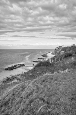 Avlanmış, Danimarka kayalıklarda, siyah beyaz deniz manzaralı. Baltık Denizi kıyısı, çimenli çayır, sahil. Ufukta bulutlar var. İskandinavya 'dan manzara fotoğrafı.