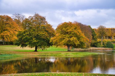 Frederiksborg Castle Park in autumn with mighty deciduous trees they are reflected in the created lake. Bright colors of the leaves. Walk in Denmark clipart