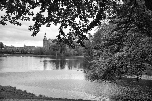 黒と白のフレデリックスボー城公園 作成された湖と 城の背景に デンマークを歩く — ストック写真