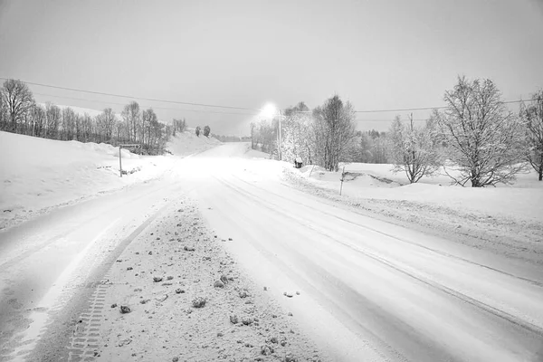 Зимний Пейзаж Скандинавии Черно Белый Снежная Дорога Заснеженными Деревьями Дороге — стоковое фото