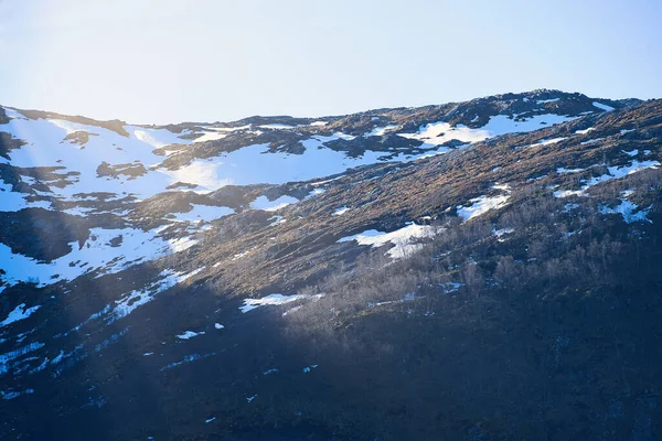 Montagne Enneigée Par Fjord Norvège Seulement Quelques Arbres Entre Les — Photo