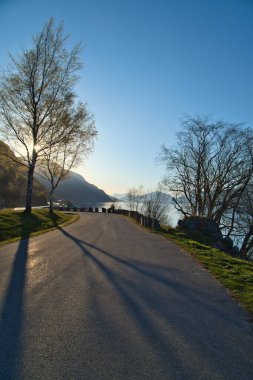 Yola bakan otopark Nordfjord ve Bergen Norveç 'te. Ağaçlardan düşen güneş ışınları. İskandinavya 'dan manzara görüntüsü