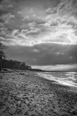 Baltık Denizi 'nin batı sahilinde gün batımı. Dalgalar, sahil, bulutlu gökyüzü ve sahildeki son güneş ışınları. Peyzaj fotoğrafı